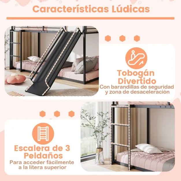 Cama Beliche Crianças 204 x 195 x 181,5 cm em forma de casa com escorrega (COLCHÃO E ACESSÓRIOS IMAGEM NÃO INCLUIDOS) com grade de segurança e escada