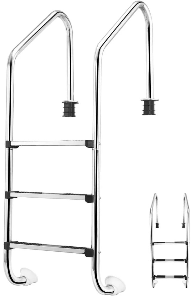 Escada para piscina em aço inoxidável antiderrapante removível com 3 degraus, carga máxima de 150 kg, 53 x 63 x 147 cm Prateado