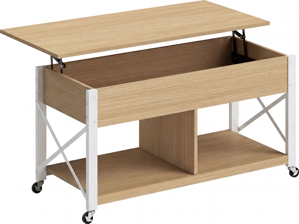 HOMCOM Mesa de Centro Elevatória com Rodas Compartimento Oculto e Prateleiras Abertas 105x50x67 cm Madeira e Branco | Aosom Portugal