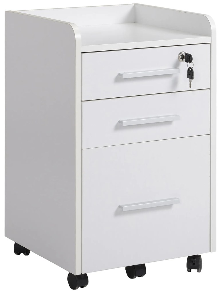 HOMCOM Gaveteiro de Escritório com Rodízios 3 Gavetas 1 Trancável 1 Arquivo de Pastas em Madeira Branca | Aosom Portugal