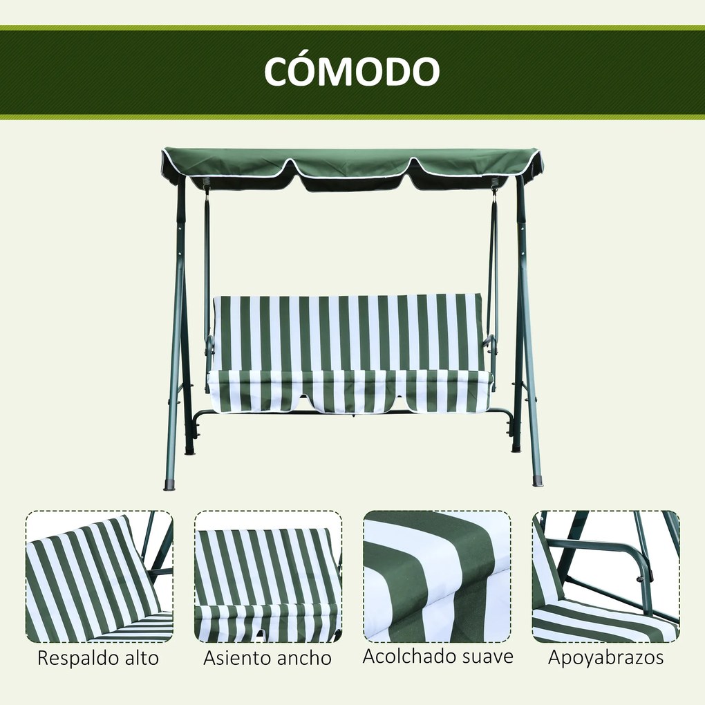 Outsunny Baloiço de Jardim de 3 Lugares com Almofada Toldo Ajustável e Estrutura de Metal para Balcão Terraço Patio Carga Máx. 200kg 172x110x153cm Verde e Branco