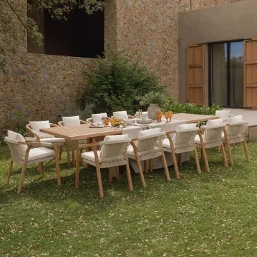 Conjunto De Mesa Retangular Extensível 200-260-320x100 Cm E 12 Cadeiras De Jardim Com Apoios De Braços Em Madeira De Acácia Duba Tecido Gardénia Branc