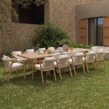 Conjunto De Mesa Retangular Extensível 200-260-320x100 Cm E 12 Cadeiras De Jardim Com Braços Em Madeira De Acácia Do Dubai - Sklum