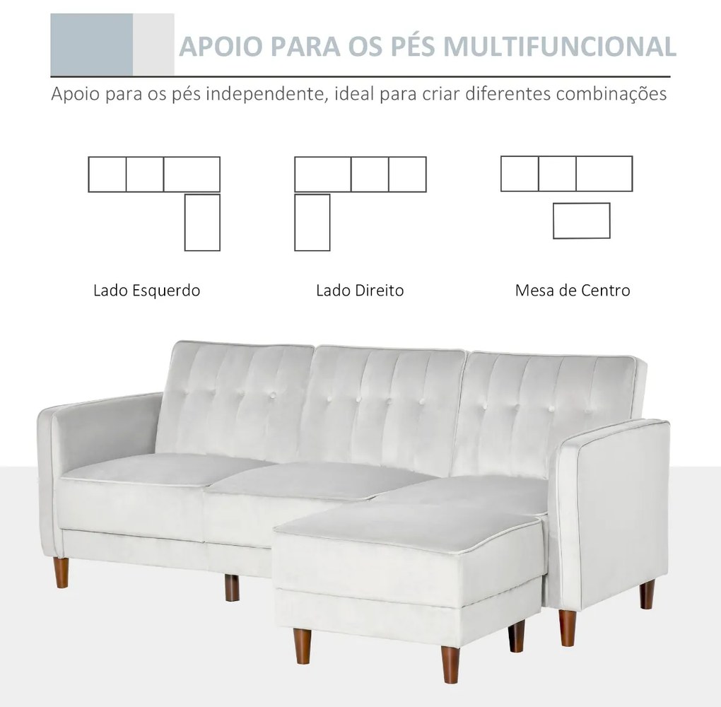 Sofá Cama com Chaise Longue de 3 Lugares Tato Aveludado com Encosto Ajustável e Apoio para os Pés Móvel 218x85x86cm Cinza Claro