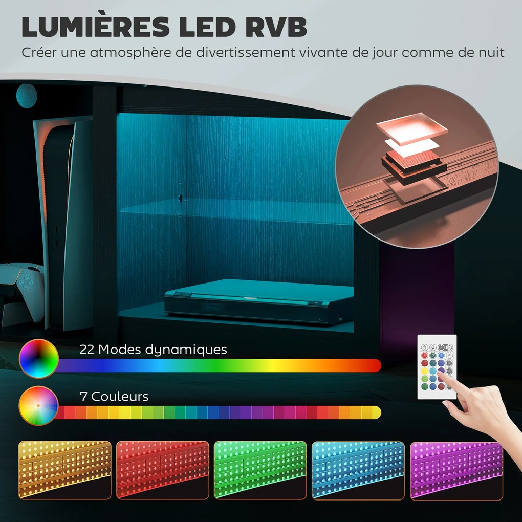 Móvel de TV com iluminação LED para televisores até 65 polegadas, 160 C x 35 L x 49,7 A cm, com prateleiras de vidro ajustáveis, preto