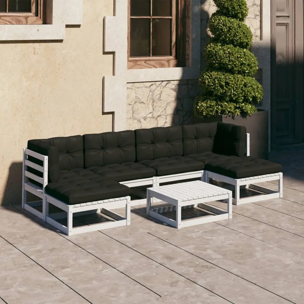 7 pcs conj. lounge de jardim c/ almofadões pinho maciço branco