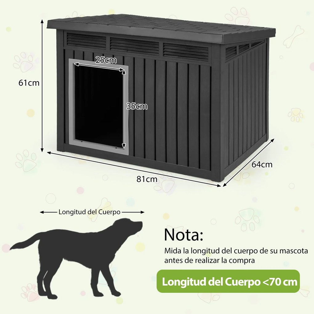 Casota exterior para cães em plástico com porta 81 x 64 x 61 cm, telhado inclinado rebatível e grelhas de ventilação preto