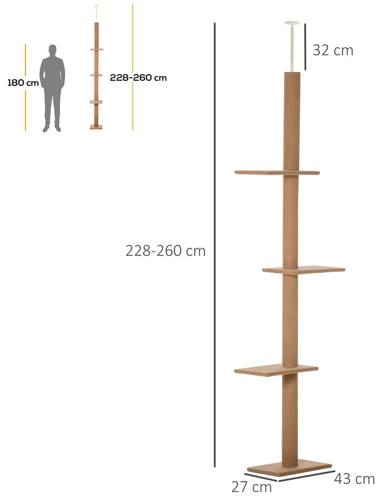 Arranhador para Gatos de Chão ao Teto com Altura Ajustável 4 Plataformas e Poste de Sisal 43x27x228-260 cm Castanho Claro