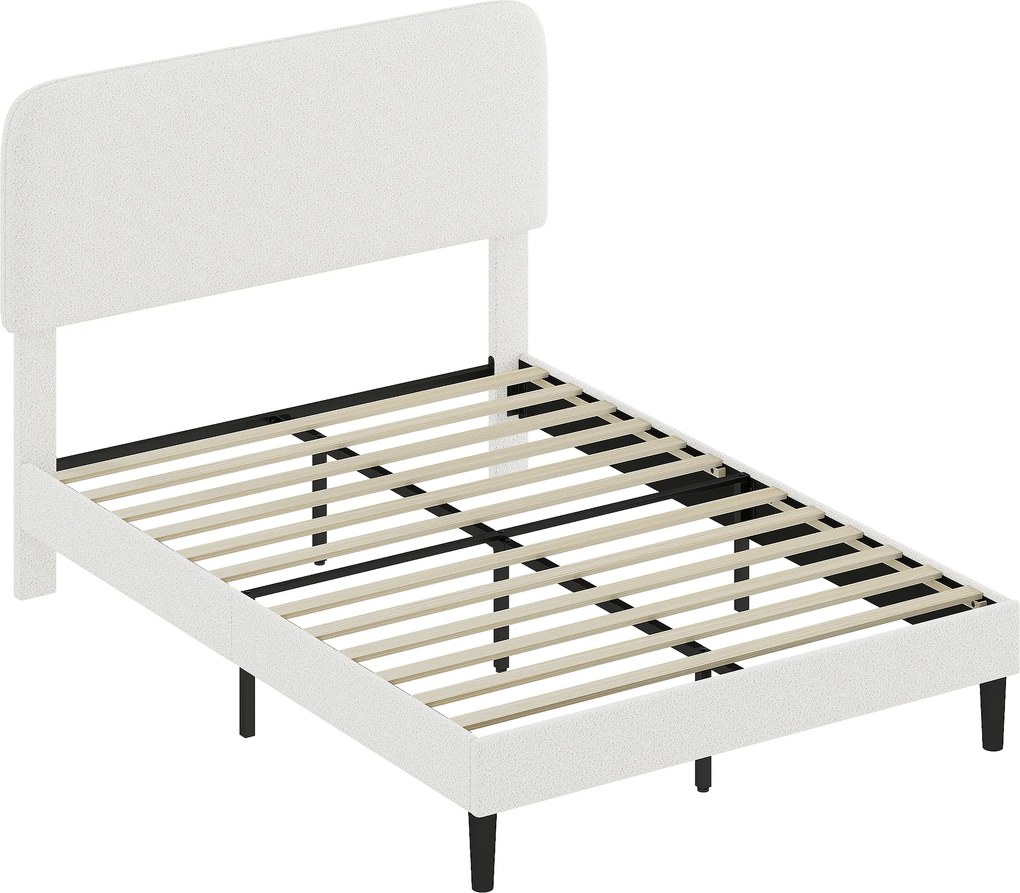 HOMCOM Estrutura de Cama Dupla com Cabeceira Ajustável em Altura Estofada em Tecido Macio com Ripas de Madeira Branco | Aosom Portugal