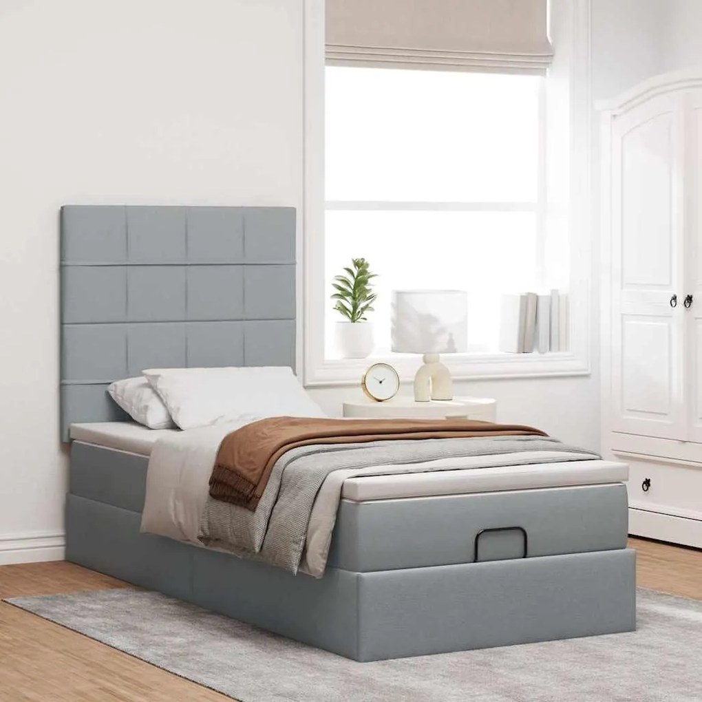 Cama Otomana com colchão & LEDs 90x200 cm tecido cinzento claro