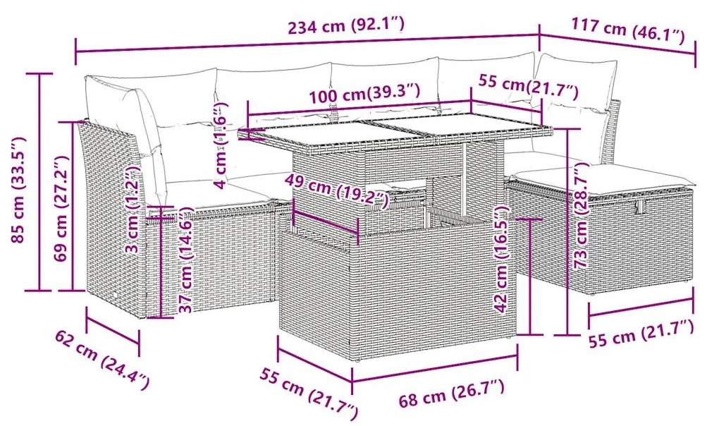 6 pcs conjunto de sofás jardim c/ almofadões vime PE castanho