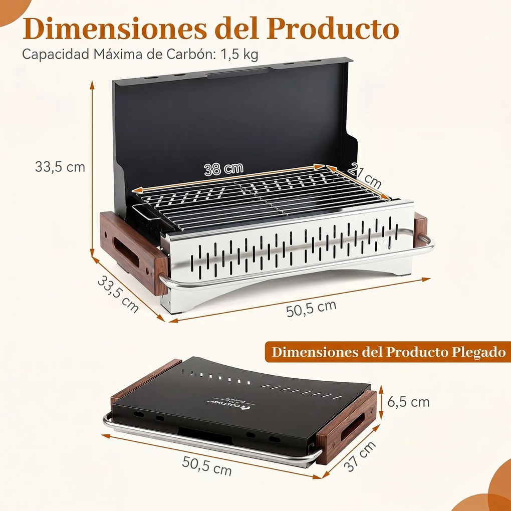 Grelhador a Carvão de Mesa Dobrável Portátil, 51 x 33,5 x 33,5 cm, Dois Níveis de Altura Reguláveis, Preto