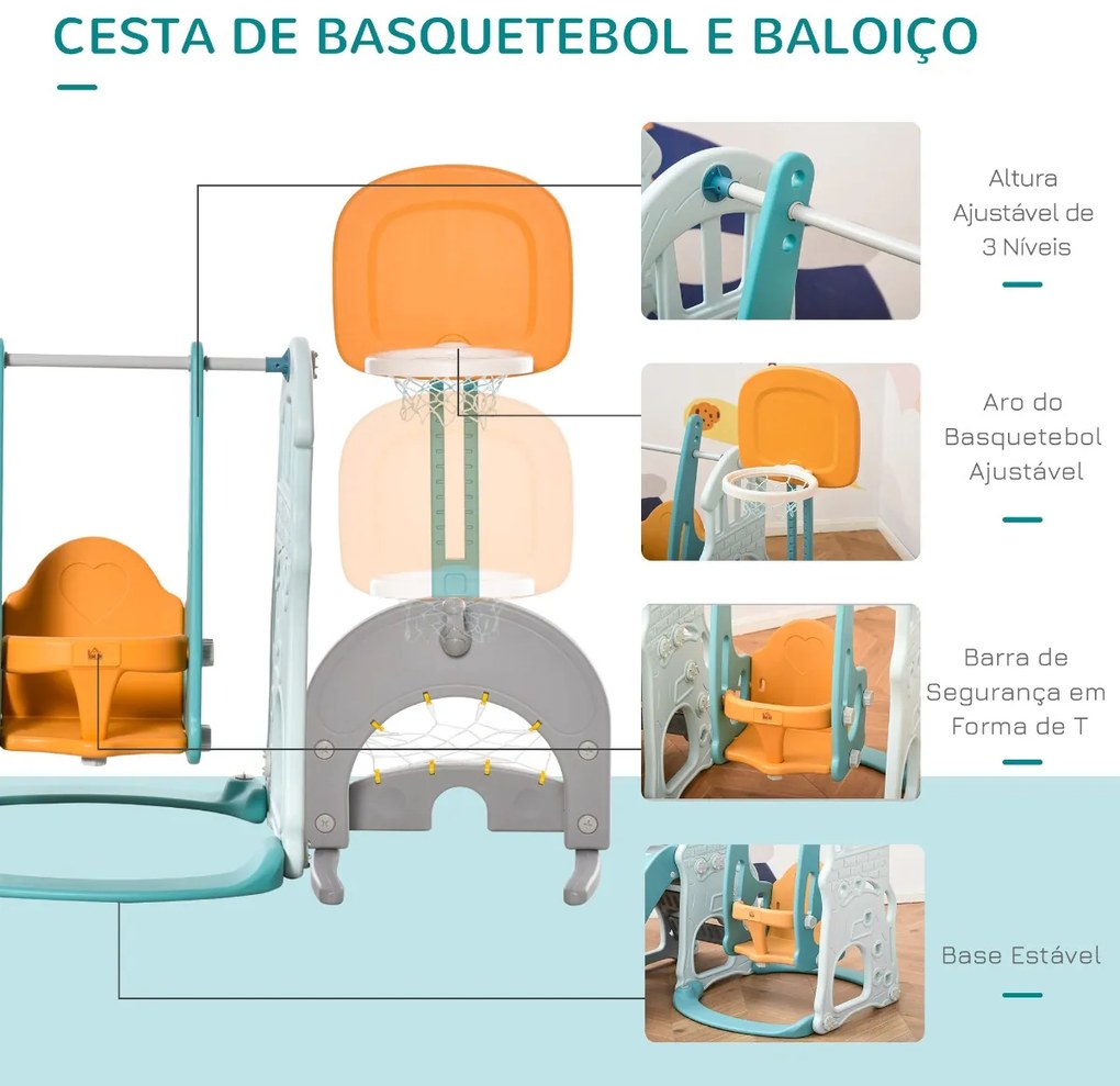 5 em 1 Escorrega e Baloiço para Crianças acima de 18 meses com 2 Cestas de Basquetebol Porteria de Futbol com Assento Ajustável Parque Infantil Interi