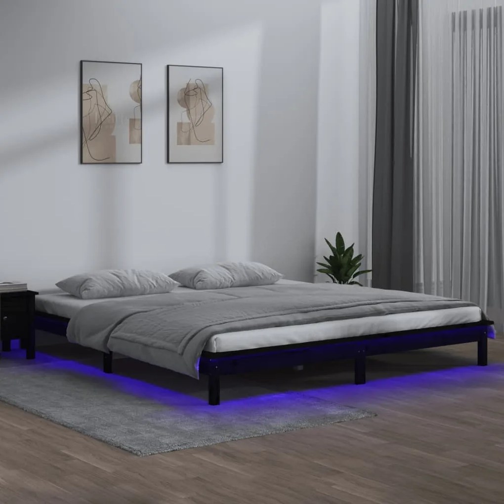 820615 vidaXL Estrutura cama king size c/ LEDs 150x200cm madeira maciça preto