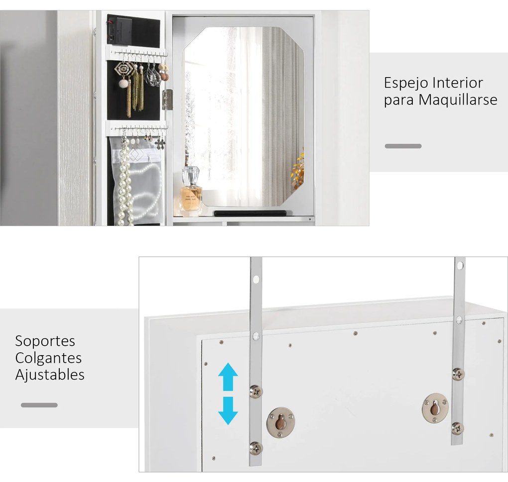 HOMCOM Espelho com Móvel de Bijuterias de Parede ou Porta Armário Guarda Jóias com 18 Luzes LED Altura Ajustável e Prateleira Aberta Organizador de Jóias 31,7x13,4x130cm Branco