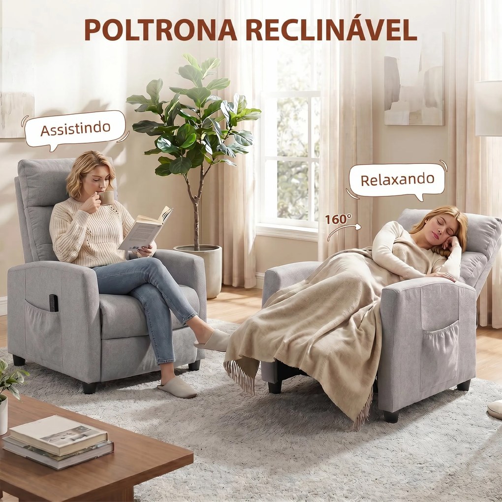 Poltrona de Massagem Reclinável com Apoio de Pés 2 Zonas de Massagem Encosto Alto Bolsos Estofada em Chenille Cinzento