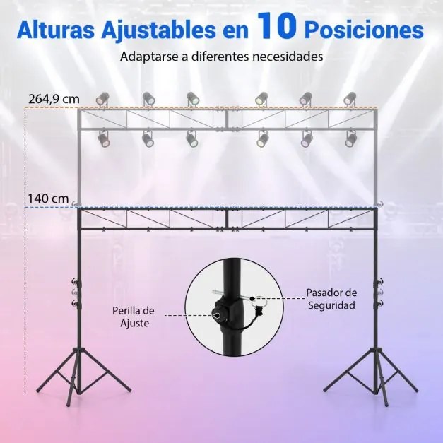 Suporte de iluminação para DJ em metal, altura ajustável em 10 níveis, 2 tripés dobráveis, 12 pontos de fixação, para montagem em concertos, palcos e