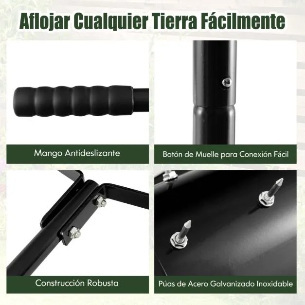 Rolo para Relva com arejador de relva com rolo de 44 cm Cabo amovível de 128 cm e dentes para jardim Preto