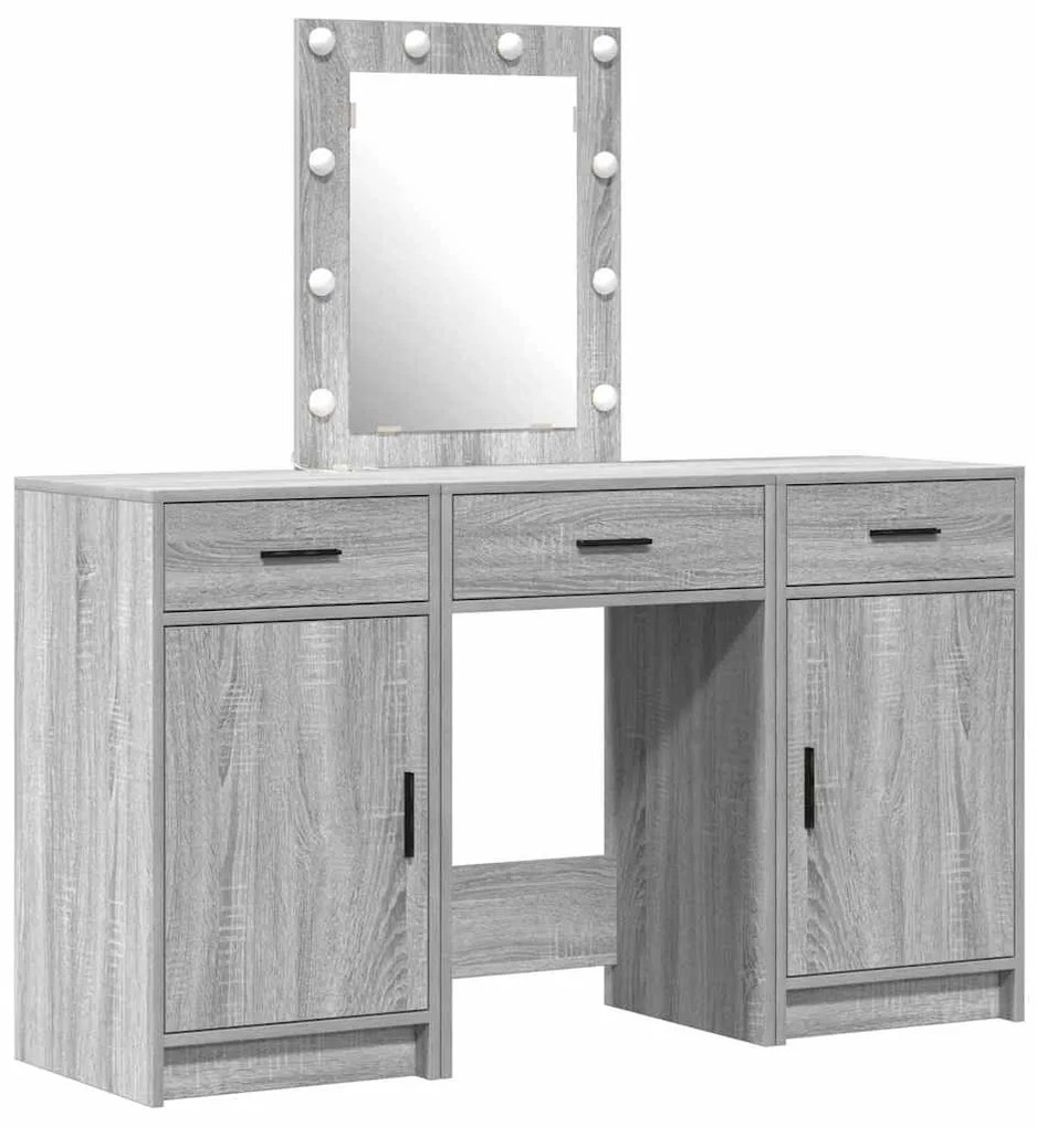 Conjunto de Mesa de Maquiagem de 3 Peças com LED Cinza Sonoma em Madei