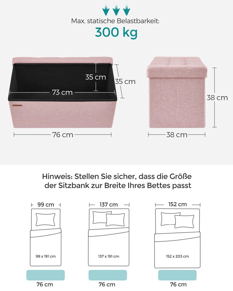 Banco com espaço de arrumação 38 x 76 x 38 cm cor-de-rosa pastel