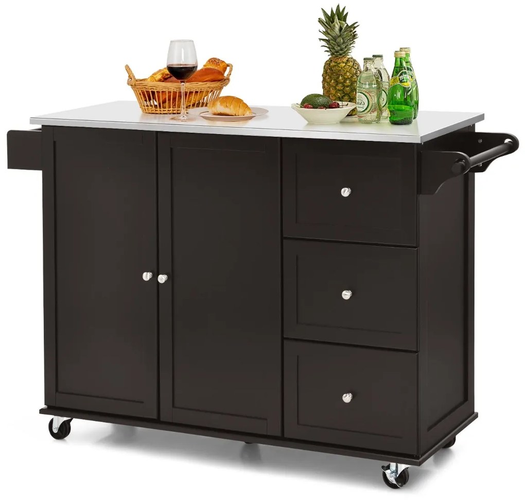 Carrinho de ilha de cozinha com bancada em aço inoxidável Estantes ajustáveis Gavetas 135 x 45,5 x 91,5 cm Castanho