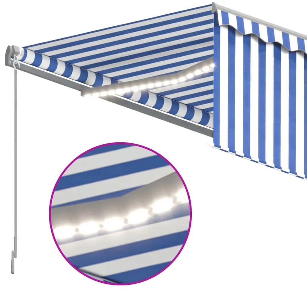 Toldo automático c/ estore/LED/sensor vento 4,5x3 m azul/branco