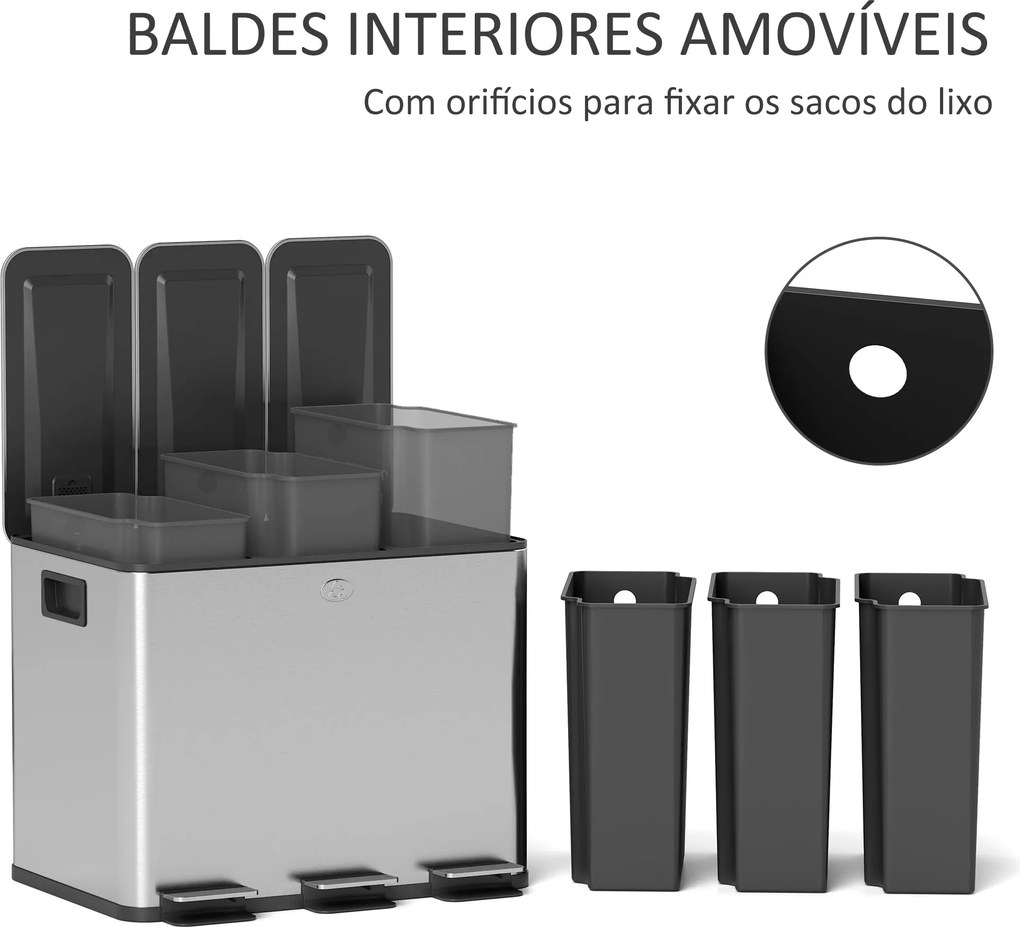 Balde de Lixo de Cozinha com 3 Compartimentos 3x10L Cubo de Lixo de Aç