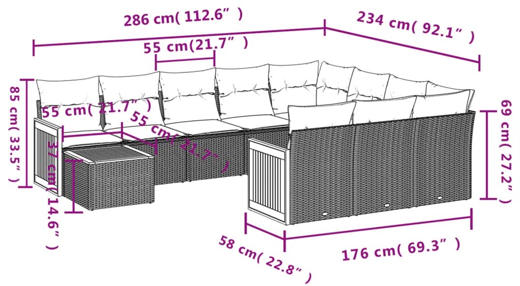 11 pcs conjunto sofás de jardim c/ almofadões vime PE cinzento