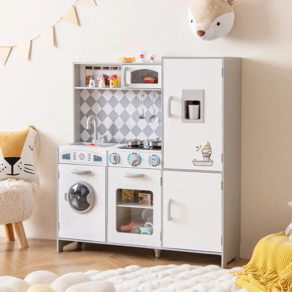 Cozinha Brincar para crianças com mais de 3 anos, em madeira, com máquina de gelo, fogão, máquina de lavar roupa, forno micro-ondas, sons e luzes reai