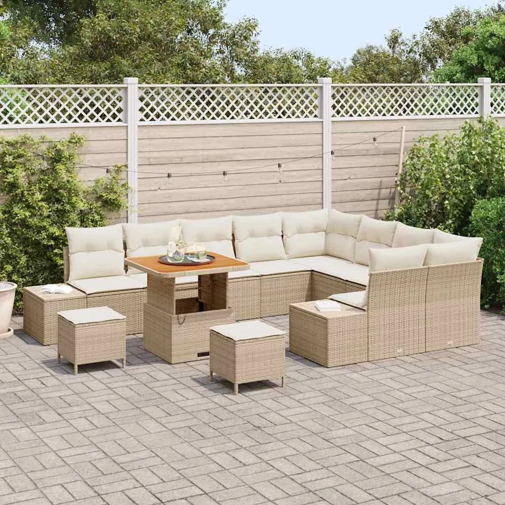 Conjunto de sofá de jardim de 12 peças com almofadas bege, feito de po