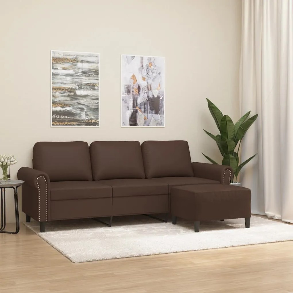 vidaXL Sofá 3 lugares c/ apoio de pés 180 cm couro artificial castanho