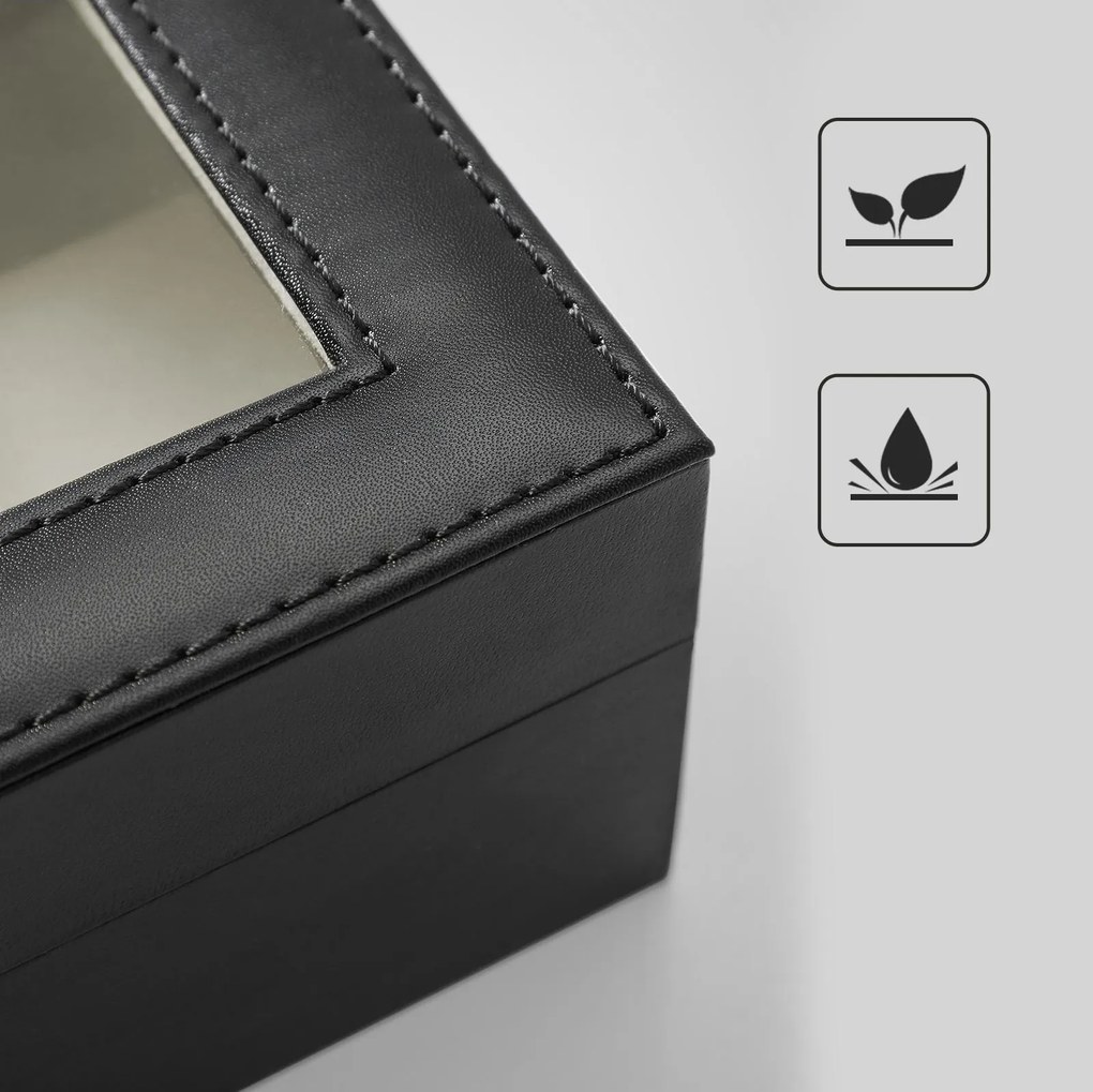 Caixa para relógios 30 x 11,2 x 8 cm com tampa de vidro revestimento em preto, forro em veludo bege