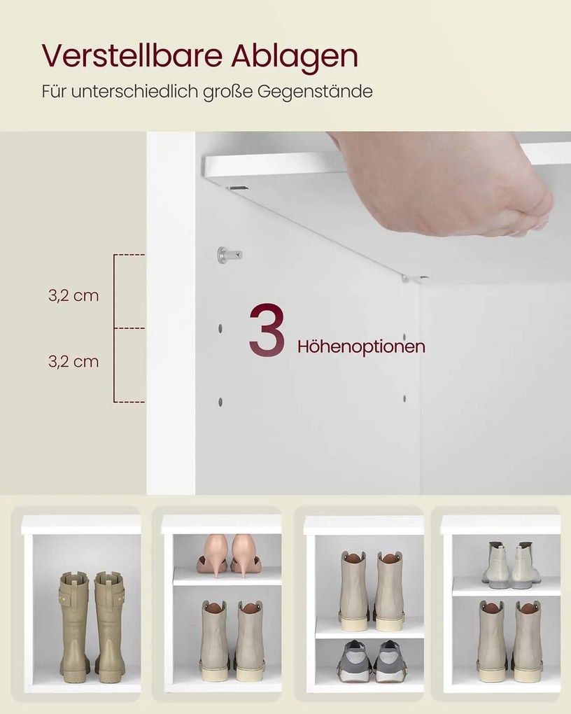 Banco para sapatos com espaço de arrumação e prateleiras ajustáveis 29,5 x 100 x 50 cm Branco