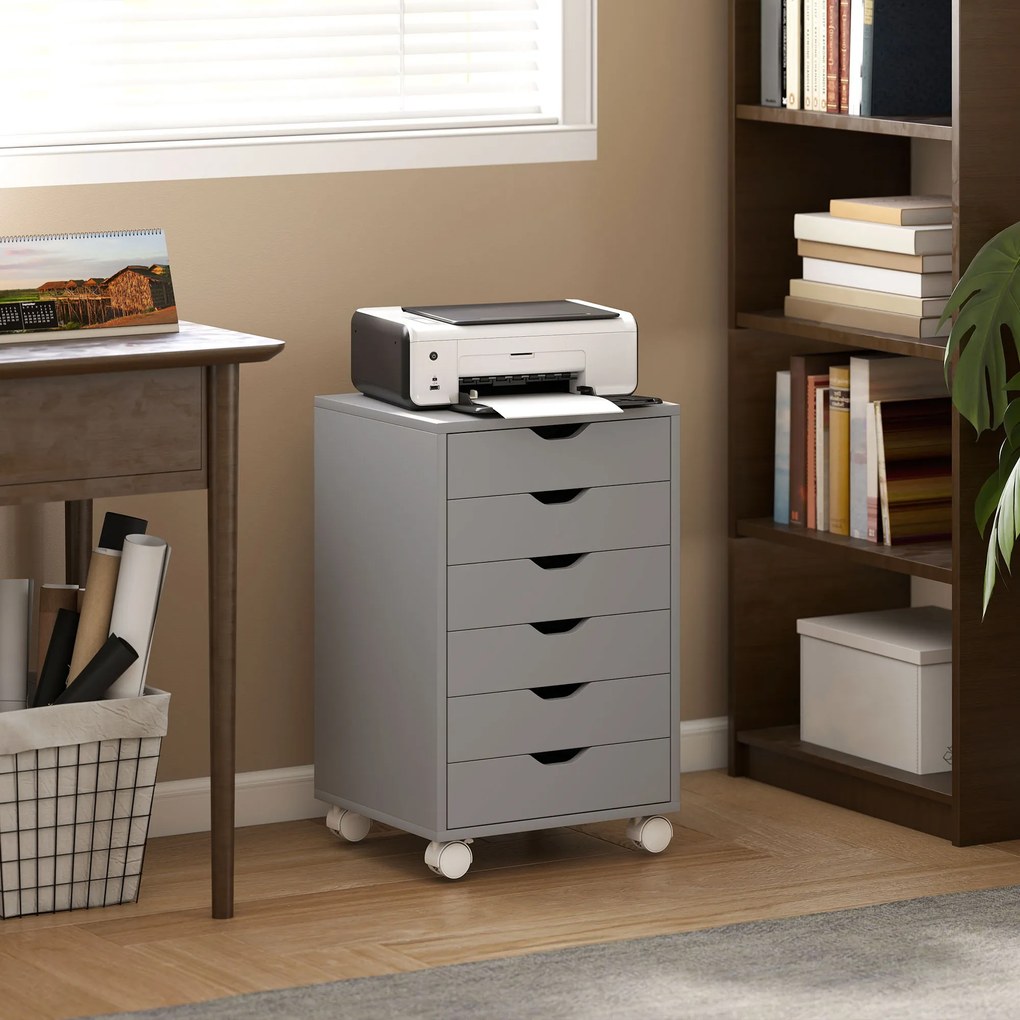 Bloco de Gavetas Móvel Arquivador com 6 Gavetas Suporte para Impressora com Rodas 40x35x63 cm Cinzento