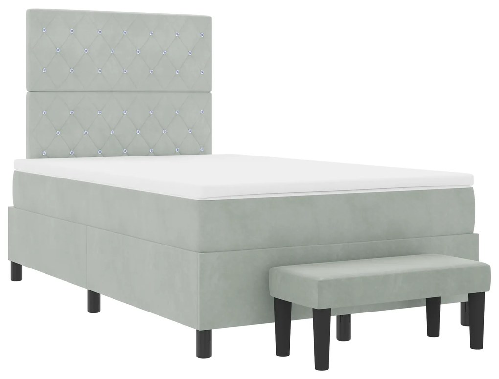 Cama Box Spring com Colchão e Banco Cinza Claro 120x200 cm Veludo