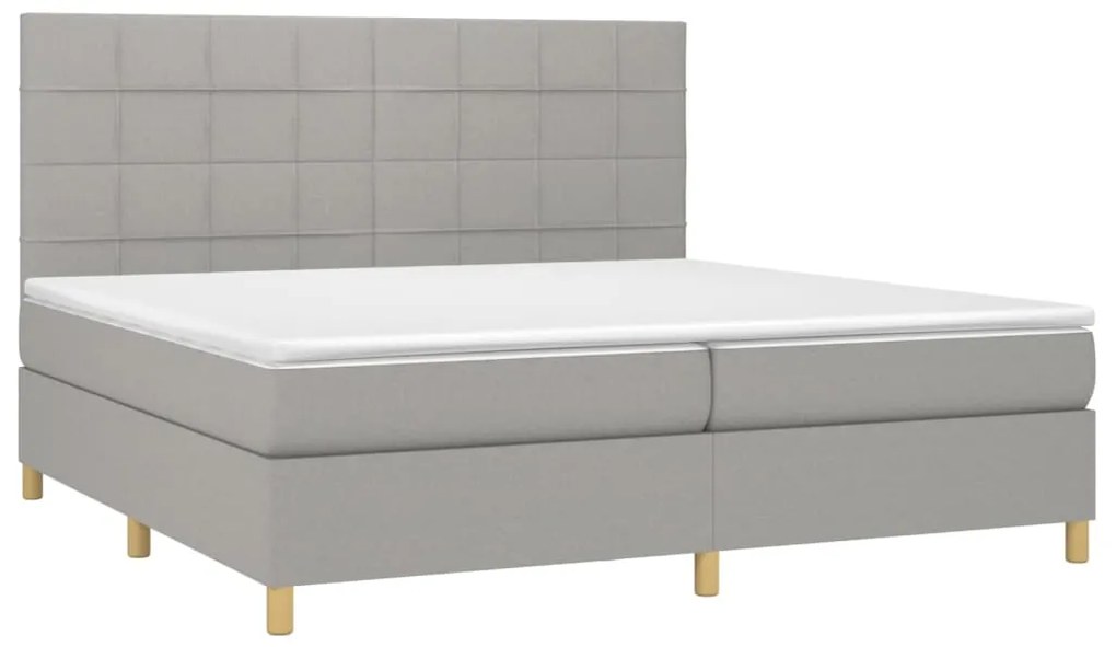 Cama box spring c/ colchão e LED 200x200 cm tecido cinza-claro