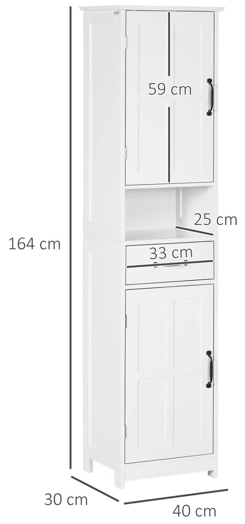 Coluna de Casa de Banho com 2 Portas 1 Gaveta Prateleira Aberta e Prateleiras Ajustáveis 40x30x164 cm Branco