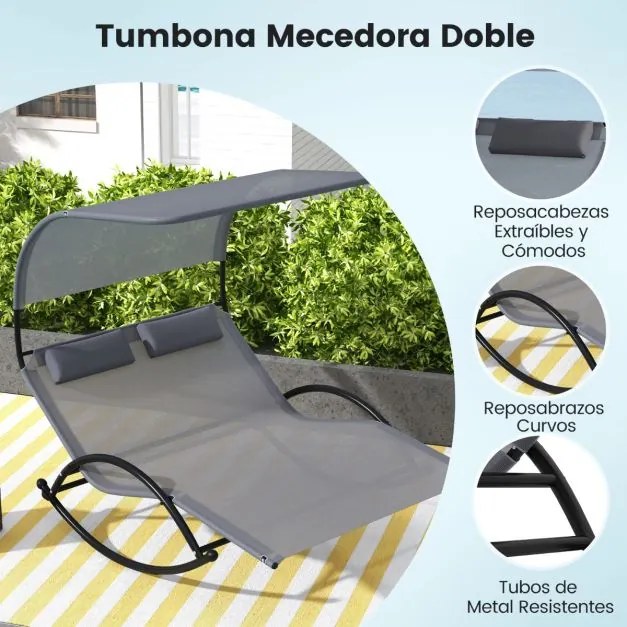 Espreguiçadeira baloiço jardim para 2 pessoas com 2 apoios de cabeça removíveis, estrutura metálica resistente cinzenta