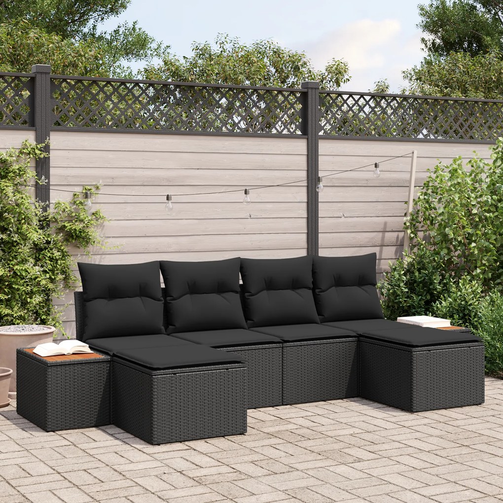 Conjunto de Sofá de Jardim de 6 Peças com Almofadas Pretas de Rattan P