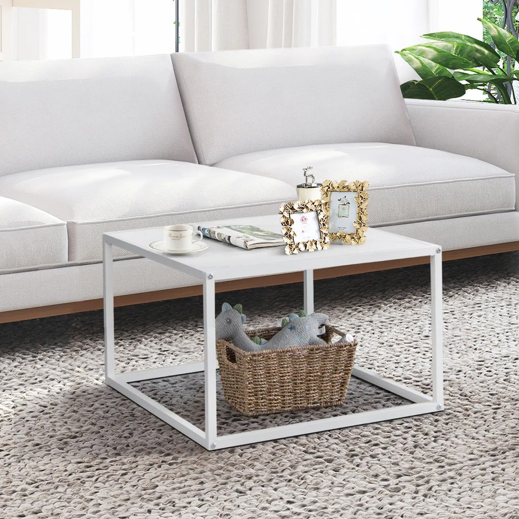 Mesa de centro quadrada moderna com tampo em imitação de mármore Estrutura de aço 70 x 70 x 40 cm Branco