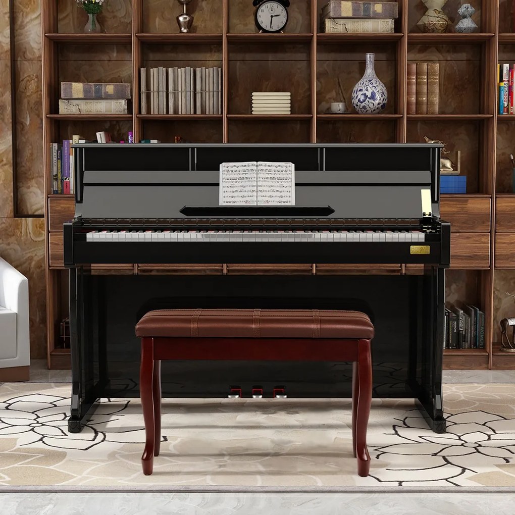 Banco de madeira para piano com almofada almofadada e compartimento para livros e acessórios 75 x 35 x 49 cm Castanho