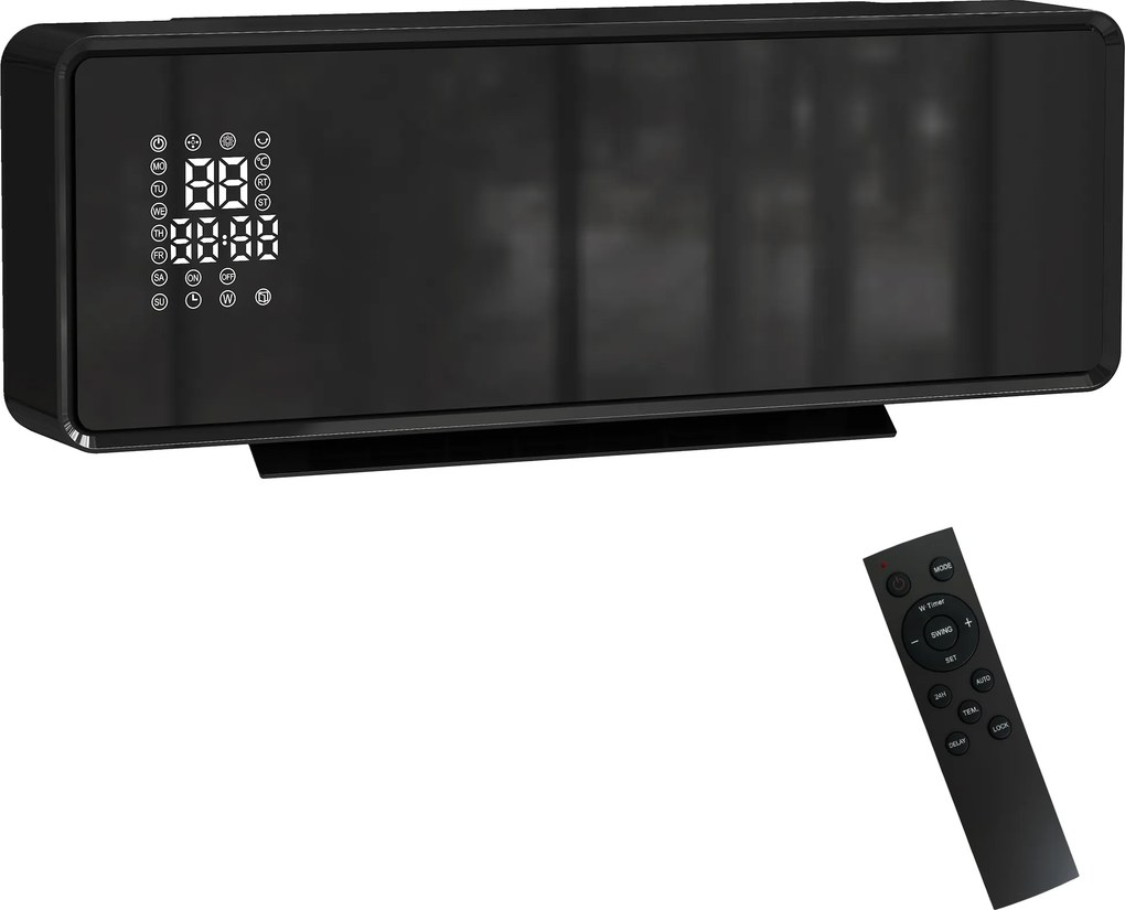 Aquecedor de parede em cerâmica 1000/2000 W, radiador elétrico, ventilador, termóstato, temporizador, 54 x 18,7 x 12,3 cm, preto