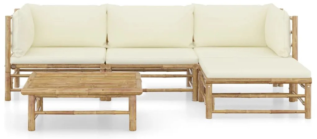 5 pcs conj. lounge p/ jardim em bambu c/ almofadões branco nata
