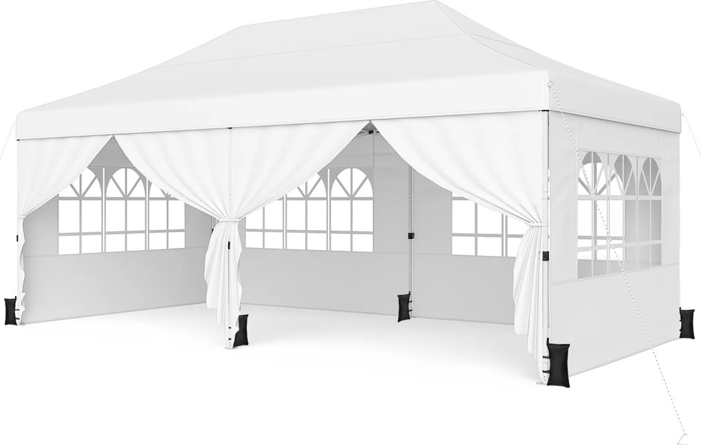 Tenda de Jardim Dobrável com 6 pesos, 600 x 300 x 310 cm, 4 Paredes Laterais Removíveis, Branco