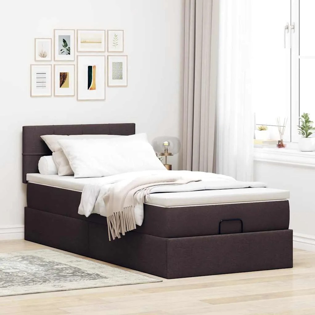 Cama otomana com colchão 90x200 cm tecido castanho escuro