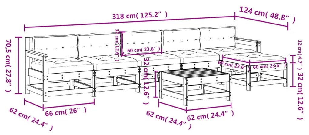 7pcs conjunto lounge jardim c/ almofadões madeira maciça branco