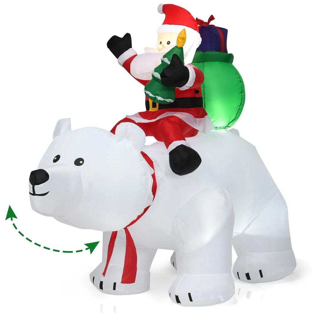 Pai Natal e Urso Polar com Cabeça Insuflável Rotativa Decoração Insuflável com Poliéster impermeável e Luzes LED