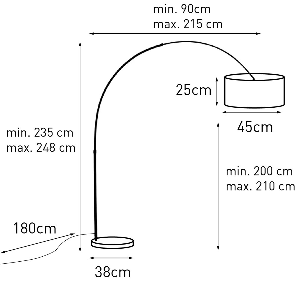 Candeeiro de arco em latão com mármore e abajur em tecido cinzento 45 cm - XXL