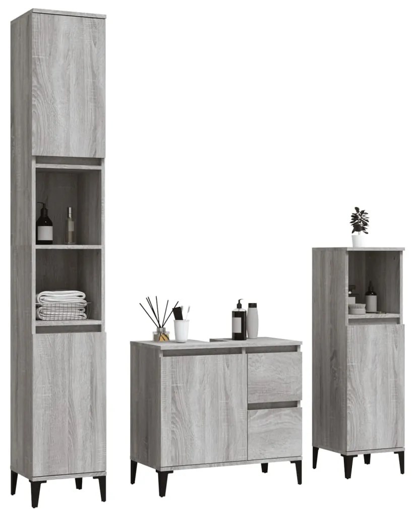 3 pcs conjunto móveis WC derivados de madeira cinzento sonoma