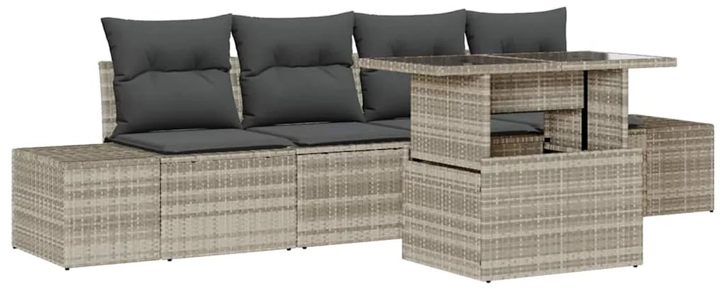 Conjunto de Sofá de Jardim de 5 Peças com Almofadas Cinza Claro em Rat